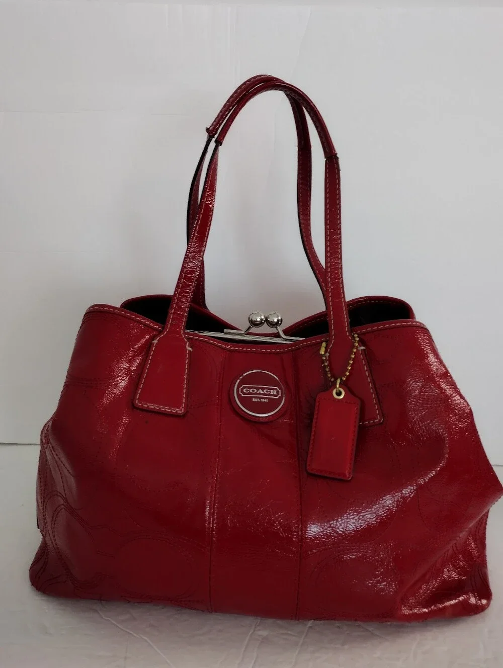 Vintage Y2K Coach Red Patent Leather Kiss Lock Carryall Tote Shoulder Bag F15658 - Picture 3 of 15